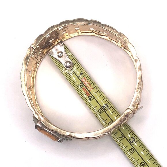 Gold tone lattice clamper bracelet with amber glass stone rhinestone halo - Picture 4 of 10